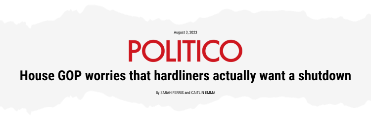A Poilitico headline that reads: House GOP worries that hardliners actually want a shutdown